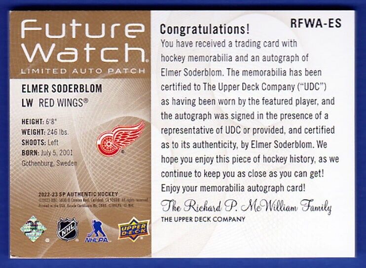 Elmer Soderblom 2022-23 Future Watch Auto Limited Sp Authentic Patch 031/100