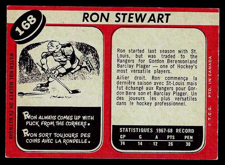 1968-69 O-Pee-Chee #168 Ron Stewart New York Rangers EX/MT