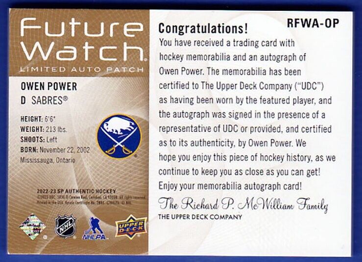 Owen Power 2022-23 Future Watch Auto Limited Sp Authentic Patch 16/25 SP